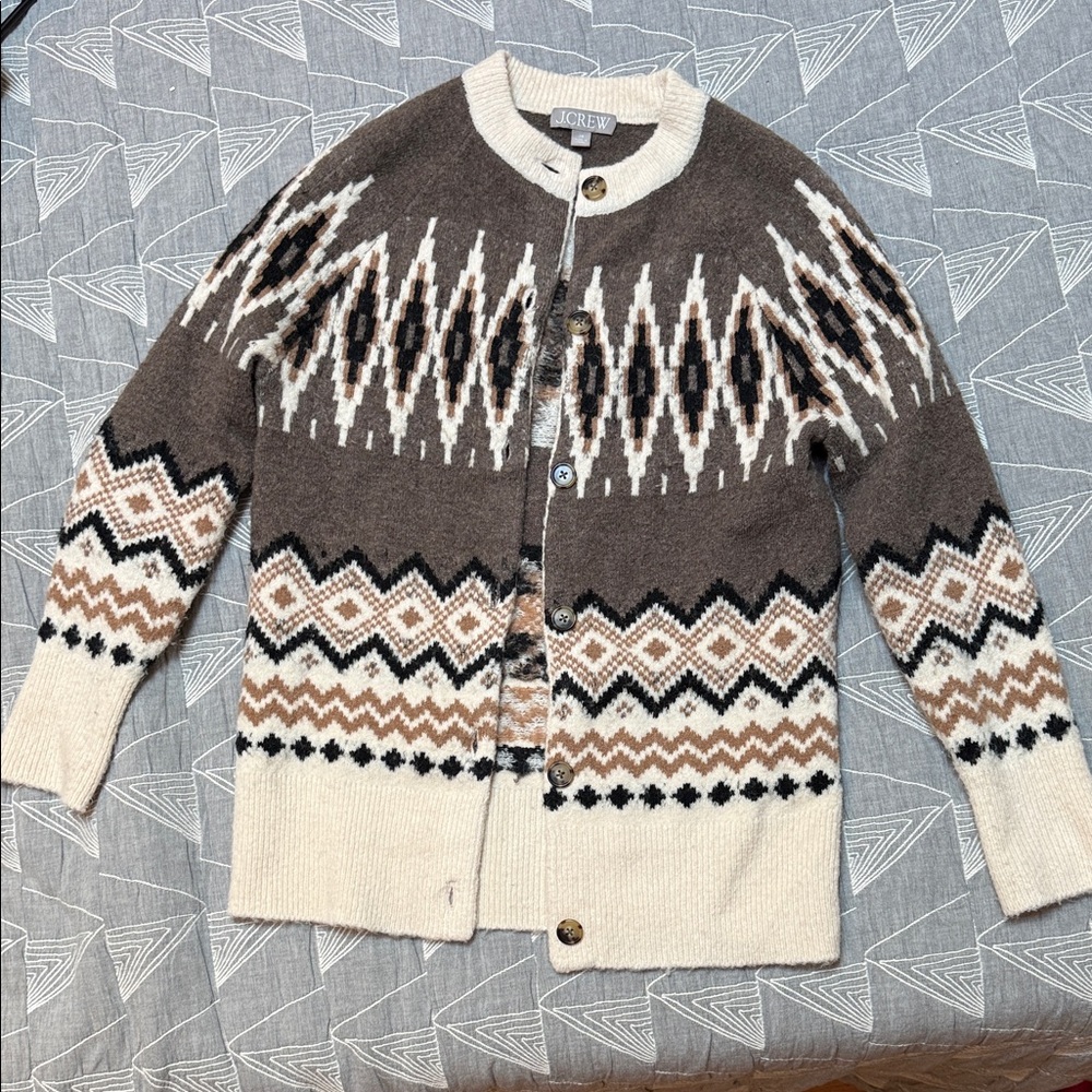 J. Crew Brown Cream Black Fair Isle Wool Cardigan